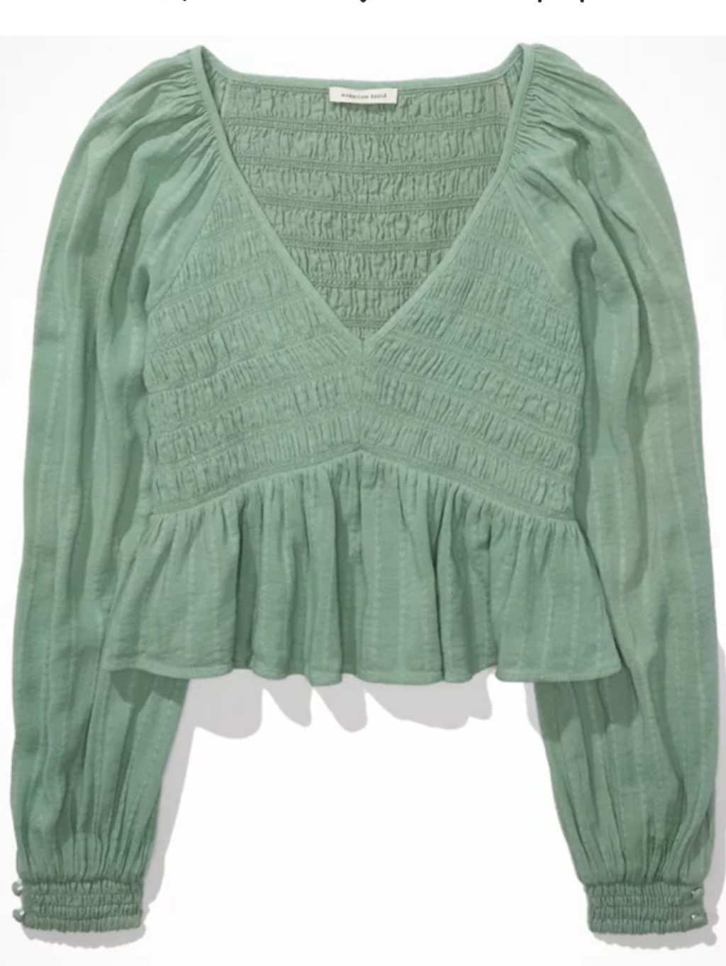 American Eagle Smocked Babydoll Long Sleeve Green Top Size Small